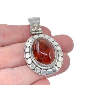Vintage Sterling Silver 925 | Dot Border | Amber Cabochon Hinged Pendant